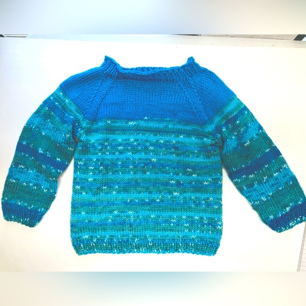 Girl’s Handmade/Knitted Pullover Sweater, Medium, Blues/Teal
